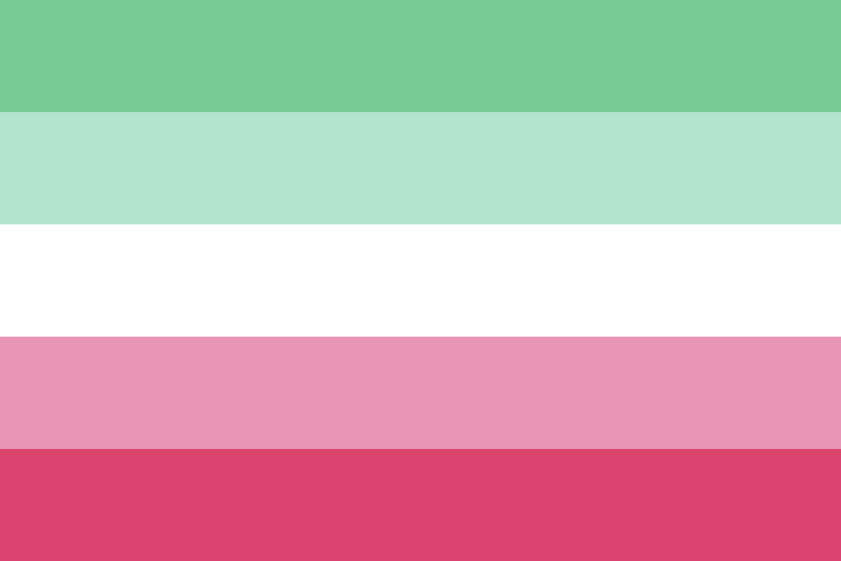 Image: Flag with five equal horizontal stripes: 
                Sea green, light sea green, white, light pink, dark pink.