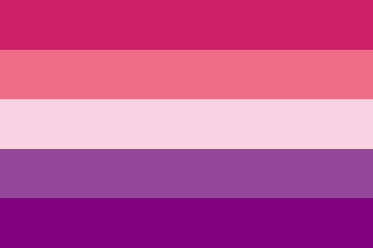 Image: Flag with five equal horizontal stripes: 
                Dark pink, pink, pale pink, purple, dark purple.