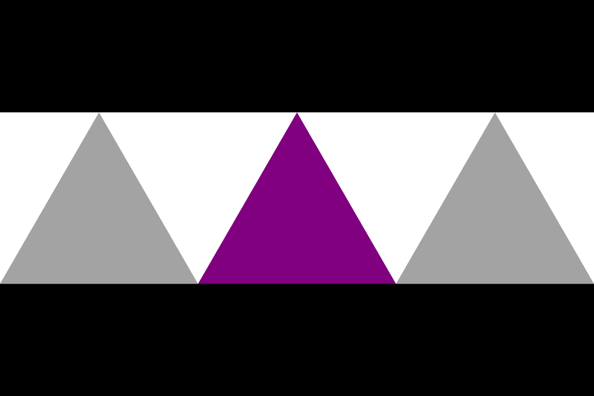 Image: Flag with three horizontal stripes: 
                black, white, black. In the white stripe are three 
                equilateral triangles side by side that reach to the 
                outer edges of the stripe: grey, dark purple, grey.