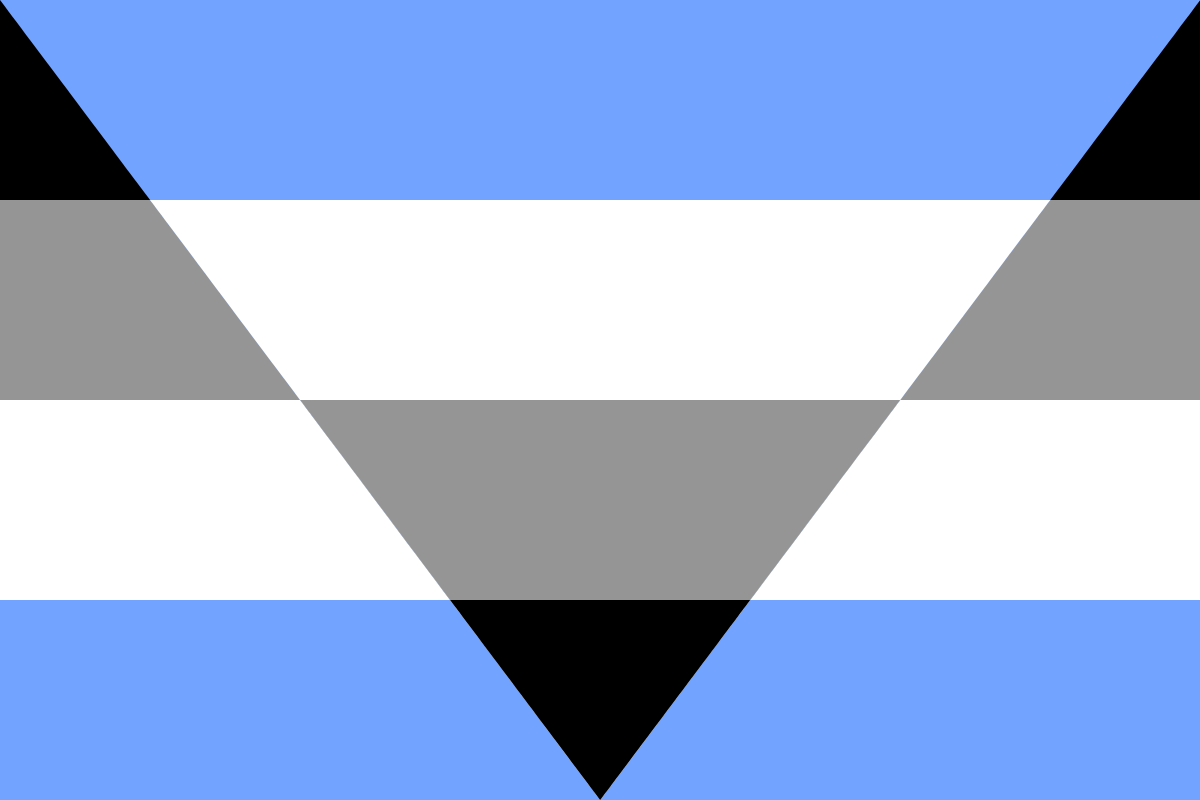 Image: Flag with four equal horizontal stripes: 
                Black, grey, white, blue. From the top two corners 
                to the middle of the bottom is a triangle with four equal 
                horizontal stripes in the opposite order.