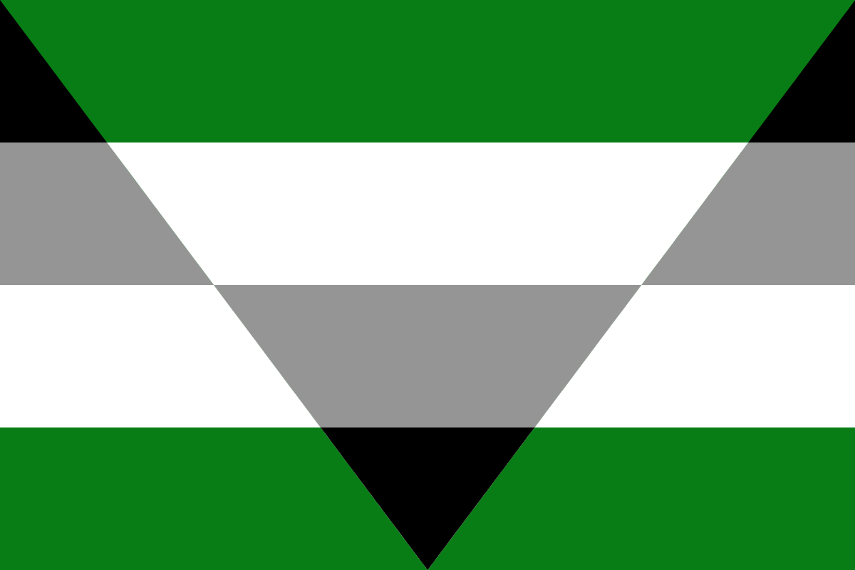 Image: Flag with four equal horizontal stripes: 
                Black, grey, white, green. From the top two corners 
                to the middle of the bottom is a triangle with four 
                equal horizontal stripes in the opposite order