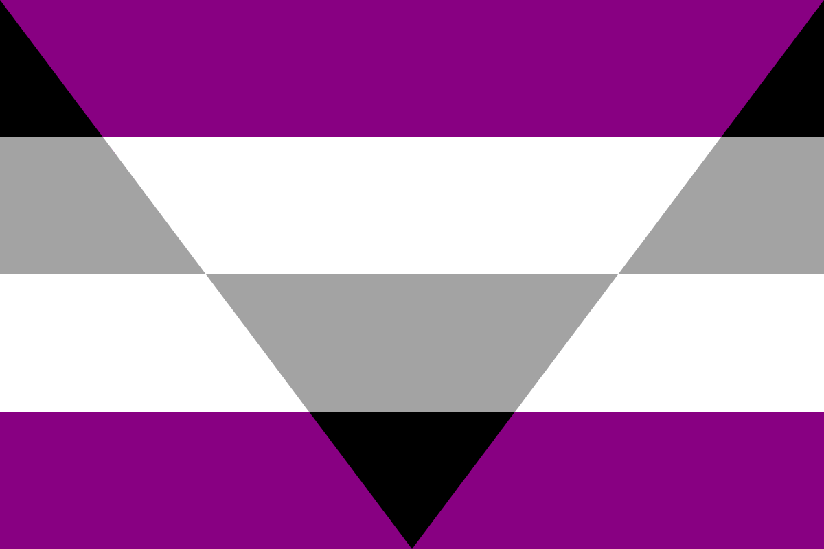 Image: Flag with four equal horizontal stripes: 
                Black, grey, white, dark purple. From the top two corners 
                to the middle of the bottom is a triangle with four 
                equal horizontal stripes in the opposite order.