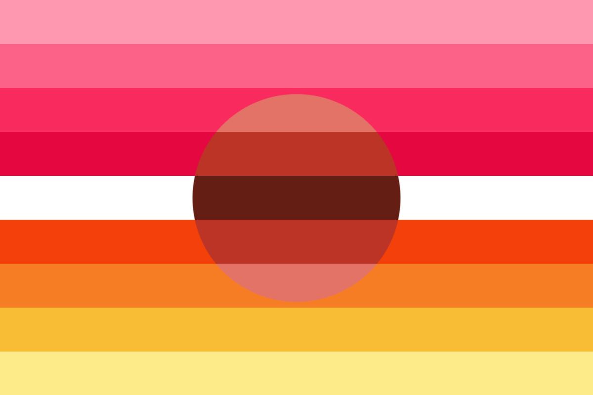 Image: Flag with nine equal horizontal stripes:
                  Four fading from light pink to hot pink, white, and 
                  four fading from orange to light yellow. A circle 
                  that almost spans the middle five stripes is in the 
                  center, and following the lines of the rest of the 
                  flag, goes from a light red orange to a dark brick 
                  colour and back.