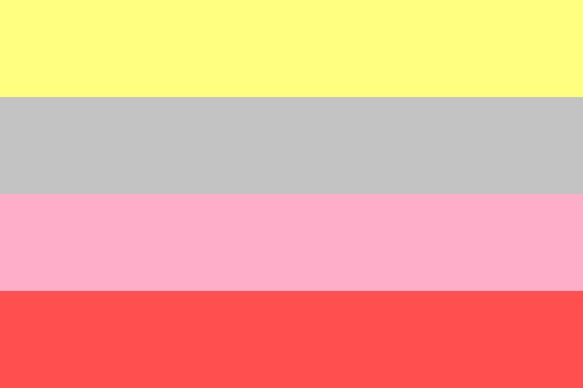 Image: Flag with four equal horizontal stripes: 
                Light yellow, grey, pink, red orange.