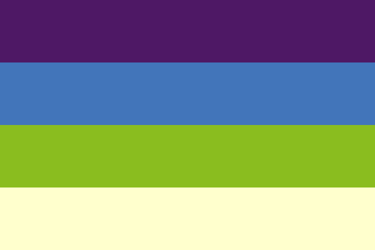Image: Flag with four equal horizontal stripes: 
                Dark purple, blue, green, off-white