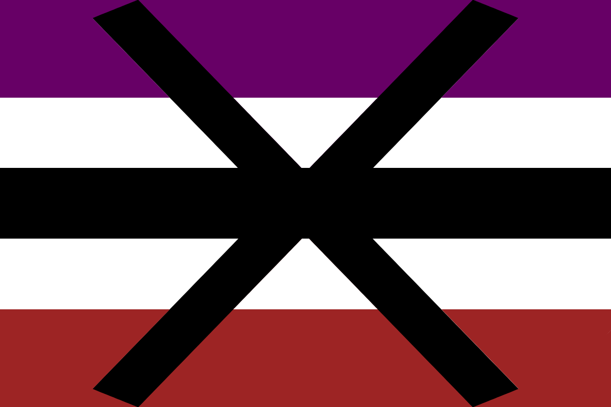 Image: Flag with five equal horizontal stripes: 
                Dark purple, white, black, white, red. 
                A large black X is in the center.