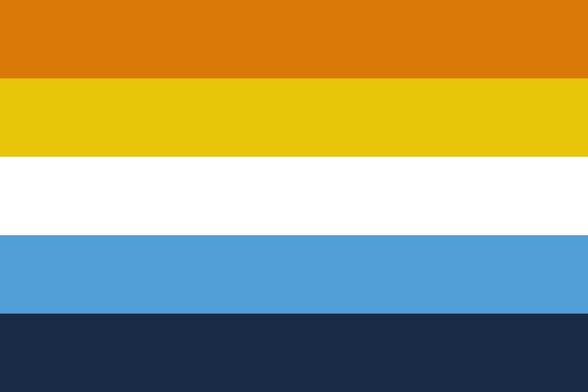 Image: Flag with five equal horizontal stripes: 
                Dark blue, blue, white, yellow, yellow orange.