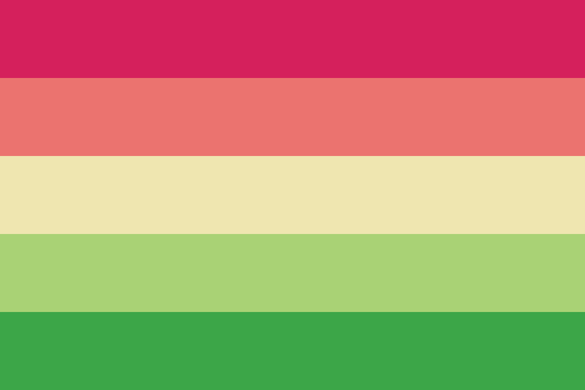Image: Flag with five equal horizontal stripes: 
                Dark pink, coral, light yellow, light green, green.
