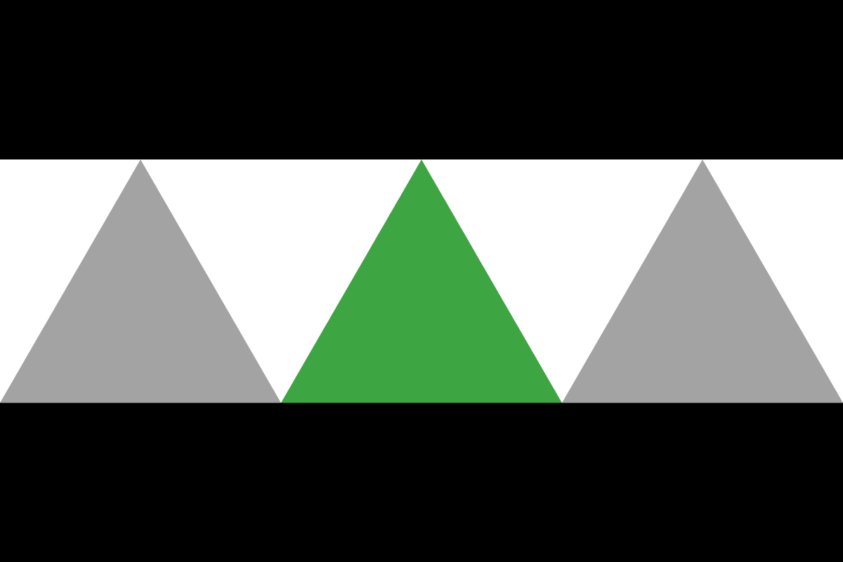 Image: Flag with three horizontal stripes: 
                black, white, black. In the white stripe are three 
                equilateral triangles side by side that reach to 
                the outer edges of the stripe: grey, green, grey.