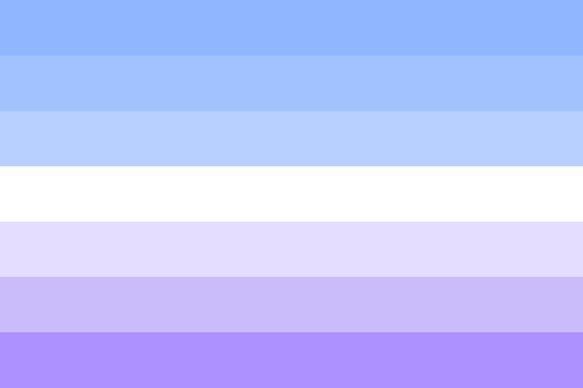 Image: Flag with seven equal horizontal stripes: 
                three fading from periwinkle to pale blue, white, then 
                three from pale purple to lavender