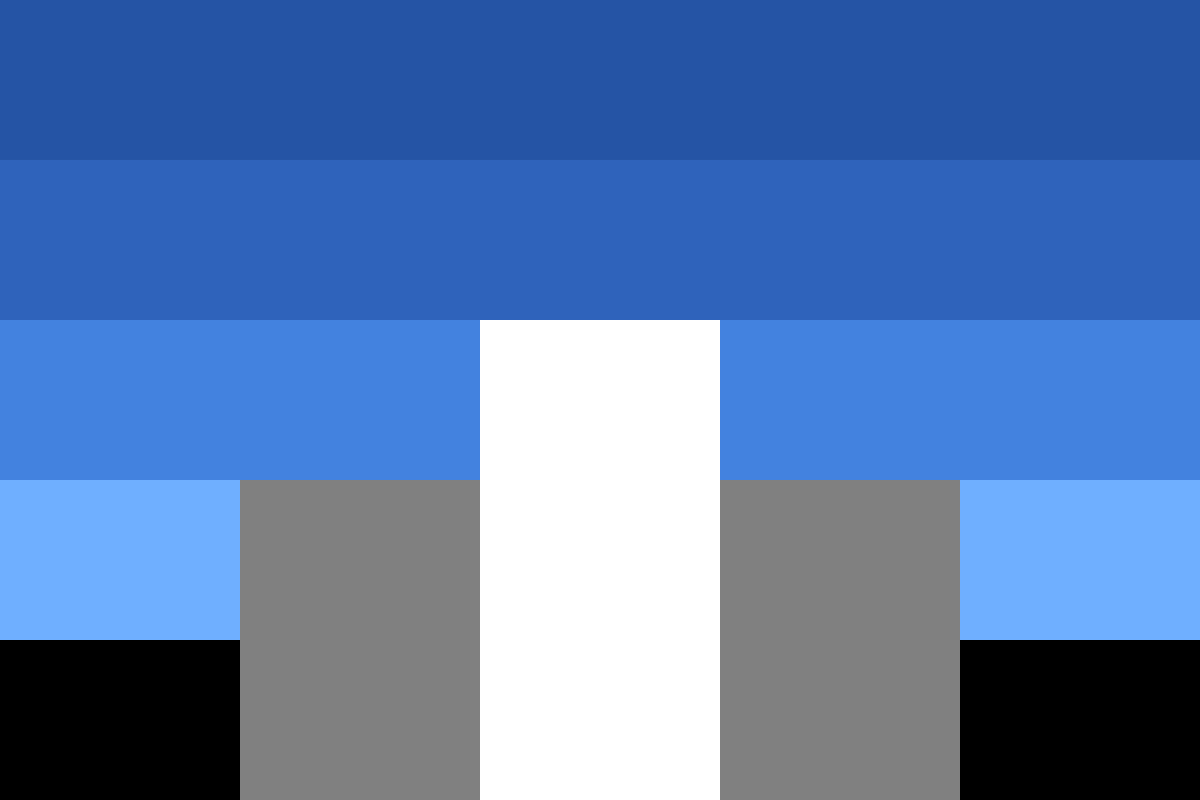 Image: Flag with five equal horizontal stripes: 
                Four fading from dark to light blue, black. 
                There are five equal vertical stripes going up 
                from the bottom of the flag: black, grey, white, grey, black. 
                The black stripes reach the top of the fifth horizontal stripe, 
                the grey stripes reach the top of the fourth, and the white 
                stripe reaches the top of the third.