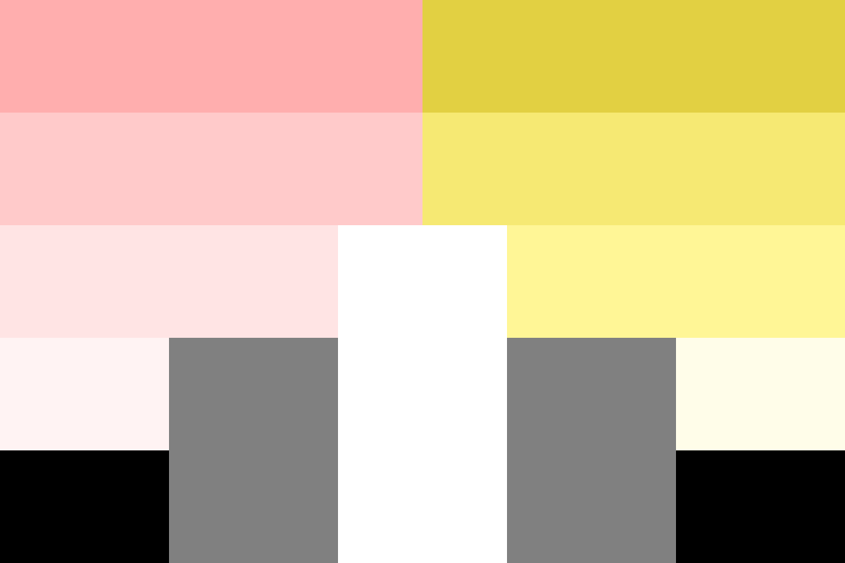 Image: Flag with five equal horizontal stripes split 
                down the middle: Four fading from light to pale pink, 
                black on the left and four fading from yellow to pale yellow, 
                black on the right. There are five equal vertical stripes 
                going up from the bottom of the flag: black, grey, white, 
                grey, black. The black stripes reach the top of the fifth 
                horizontal stripe, the grey stripes reach the top of the fourth, 
                and the white stripe reaches the top of the third.