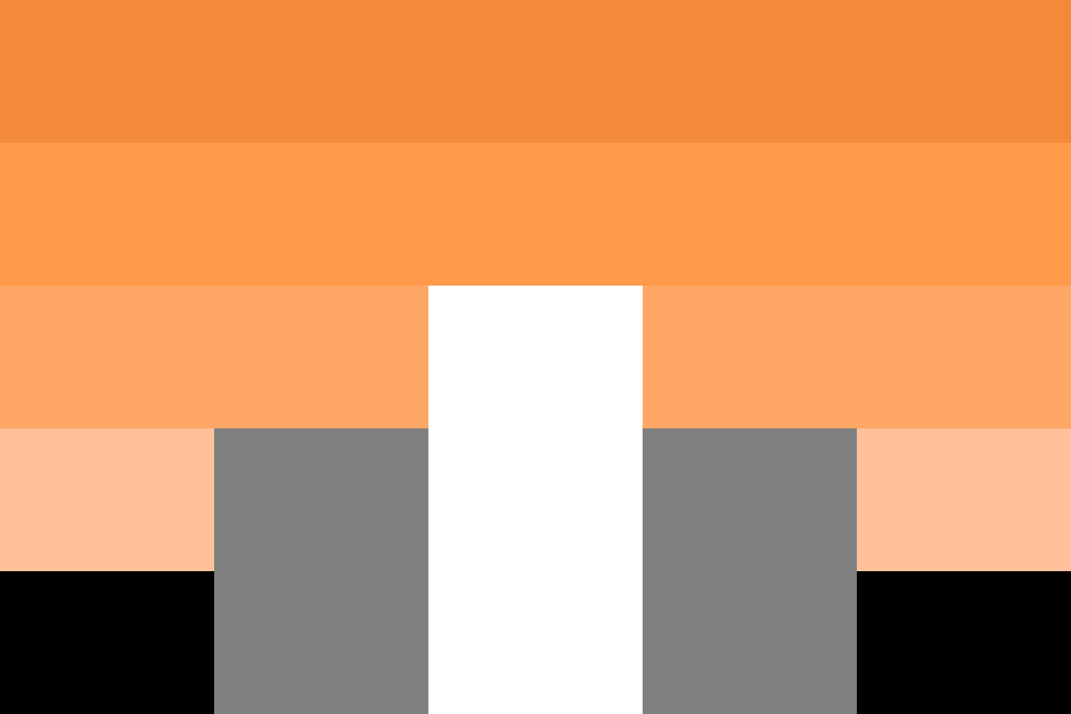 Image: Flag with five equal horizontal stripes: 
                Four fading from orange to light orange, black. 
                There are five equal vertical stripes going up from 
                the bottom of the flag: black, grey, white, grey, black. 
                The black stripes reach the top of the fifth horizontal stripe, 
                the grey stripes reach the top of the fourth, and the 
                white stripe reaches the top of the third.