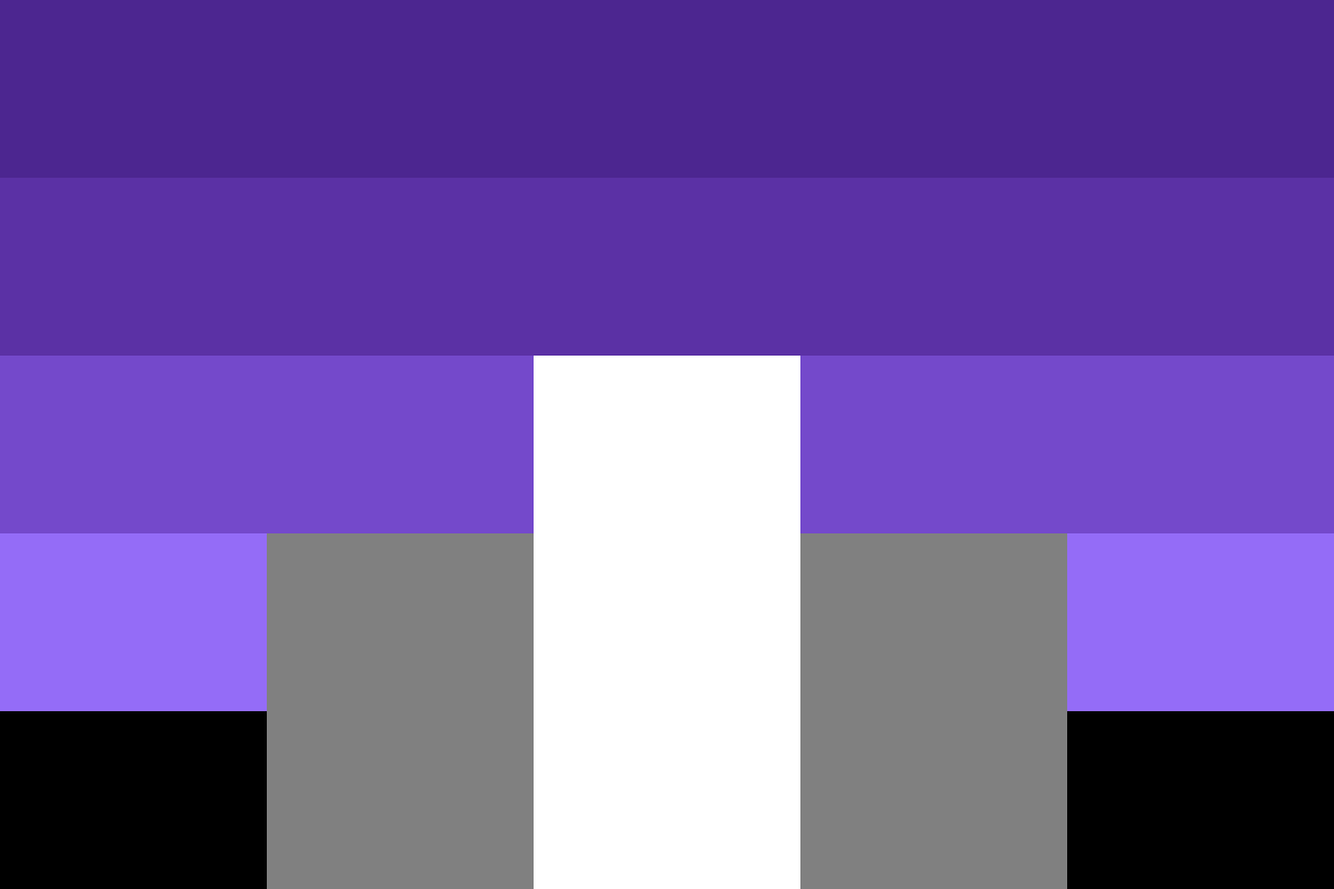 Image: Flag with five equal horizontal stripes: 
                Four fading from dark purple to lavender, black. 
                There are five equal vertical stripes going up from 
                the bottom of the flag: black, grey, white, grey, black. 
                The black stripes reach the top of the fifth horizontal stripe, 
                the grey stripes reach the top of the fourth, 
                and the white stripe reaches the top of the third.