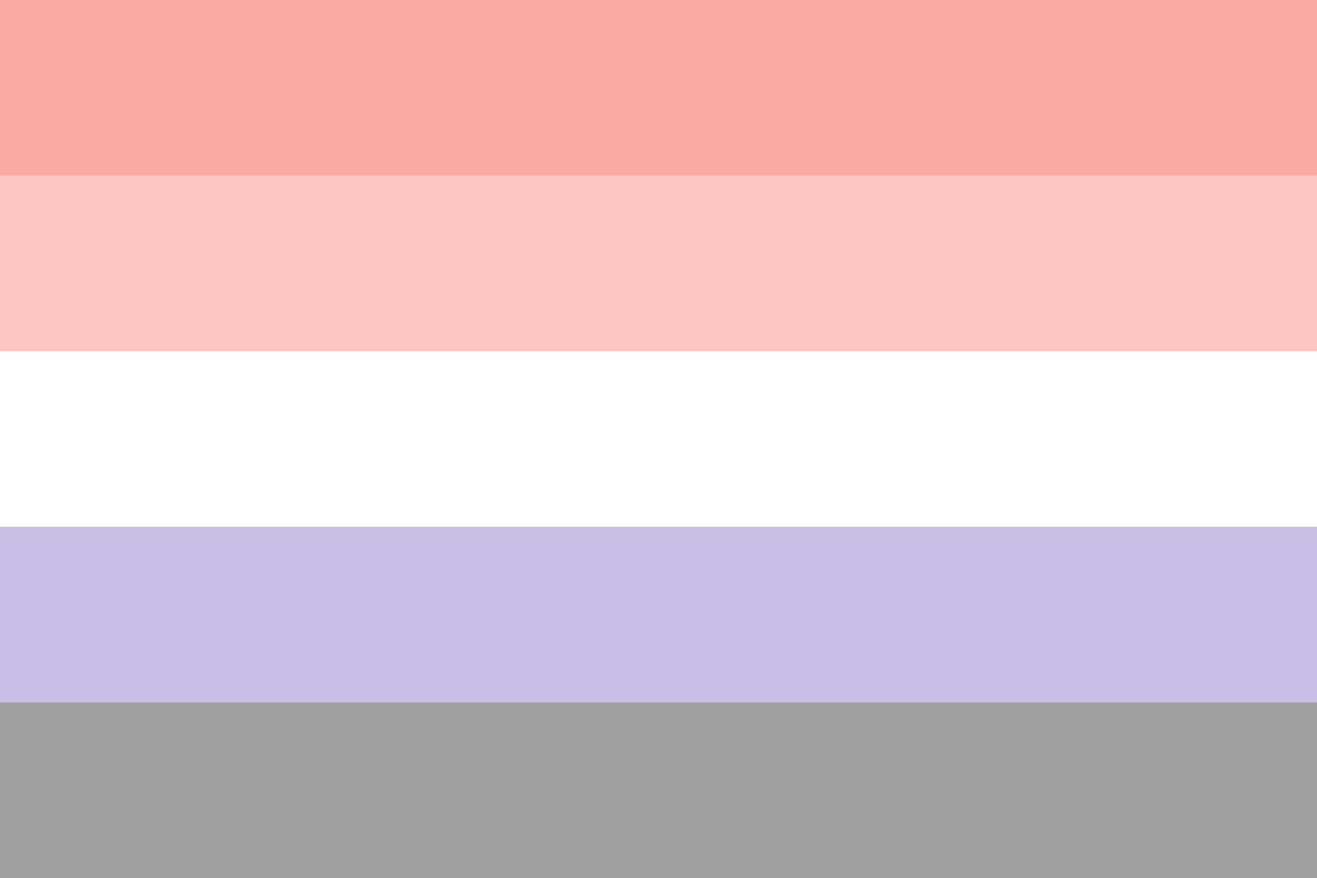 Image: Flag with five equal horizontal stripes: 
                Light coral, lighter coral, white, light purple, grey.