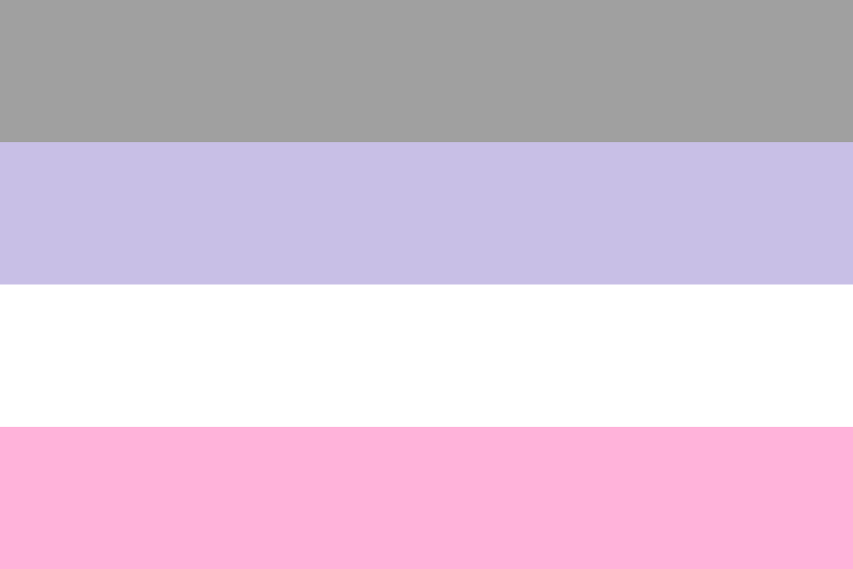 Image: Flag with four equal horizontal stripes: 
                Grey, light purple, white, light pink.