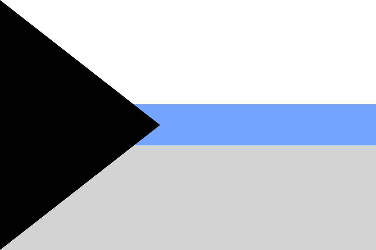 Image: Flag with three horizontal stripes 
                with a 3-1-3 ratio: White, blue, grey. Coming 
                from the left two corners is a black triangle 
                that reaches just under halfway across the flag.