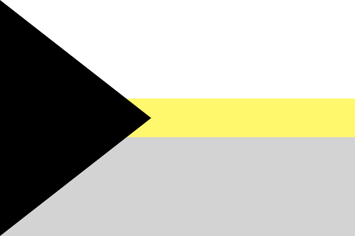 Image: Flag with three horizontal stripes 
                with a 3-1-3 ratio: White, light yellow, grey. 
                Coming from the left two corners is a black triangle 
                that reaches just under halfway across the flag.