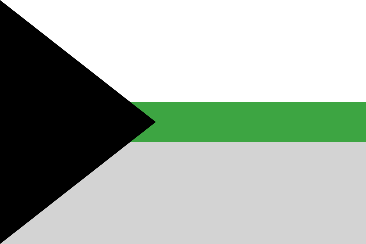 Image: Flag with three horizontal stripes with a 3-1-3 ratio: 
                White, green, grey. Coming from the left two corners is a black 
                triangle that reaches just under halfway across the flag.