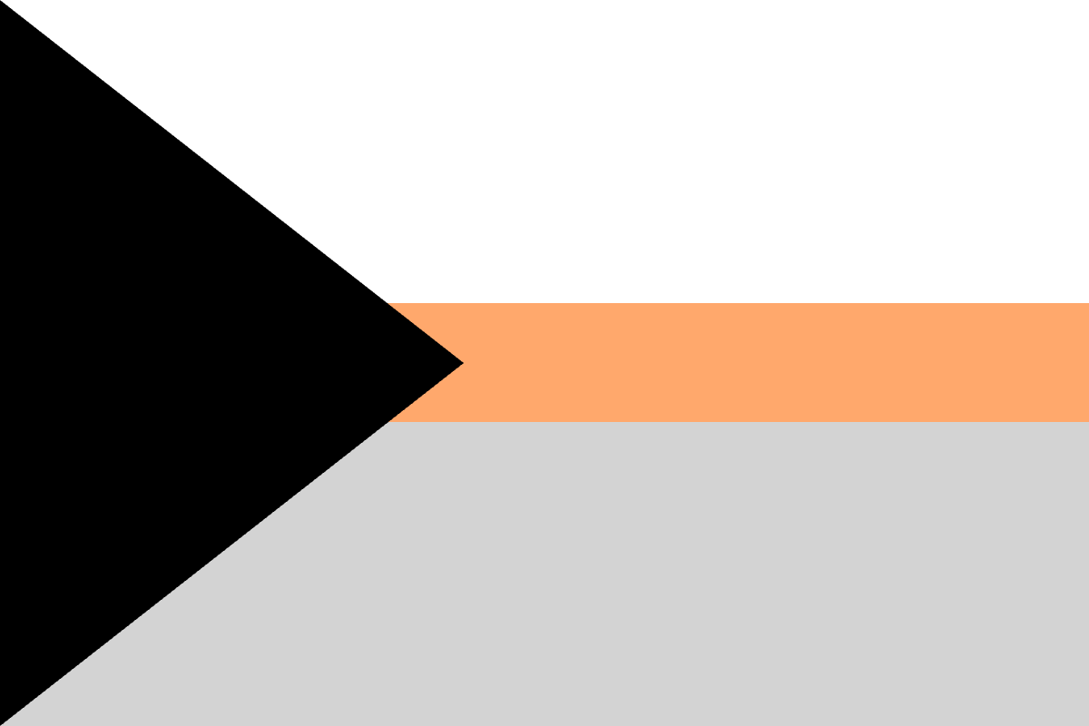 Image: Flag with three horizontal stripes with a 3-1-3 ratio: 
                White, orange, grey. Coming from the left two corners 
                is a black triangle that reaches just under halfway across 
                the flag.