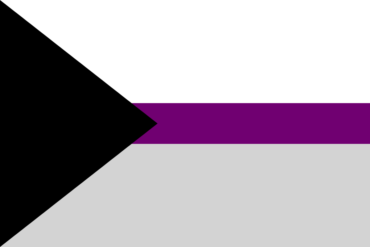 Image: Flag with three horizontal stripes with a 3-1-3 ratio: 
                White, dark purple, grey. Coming from the left two corners is 
                a black triangle that reaches just under halfway across the flag.