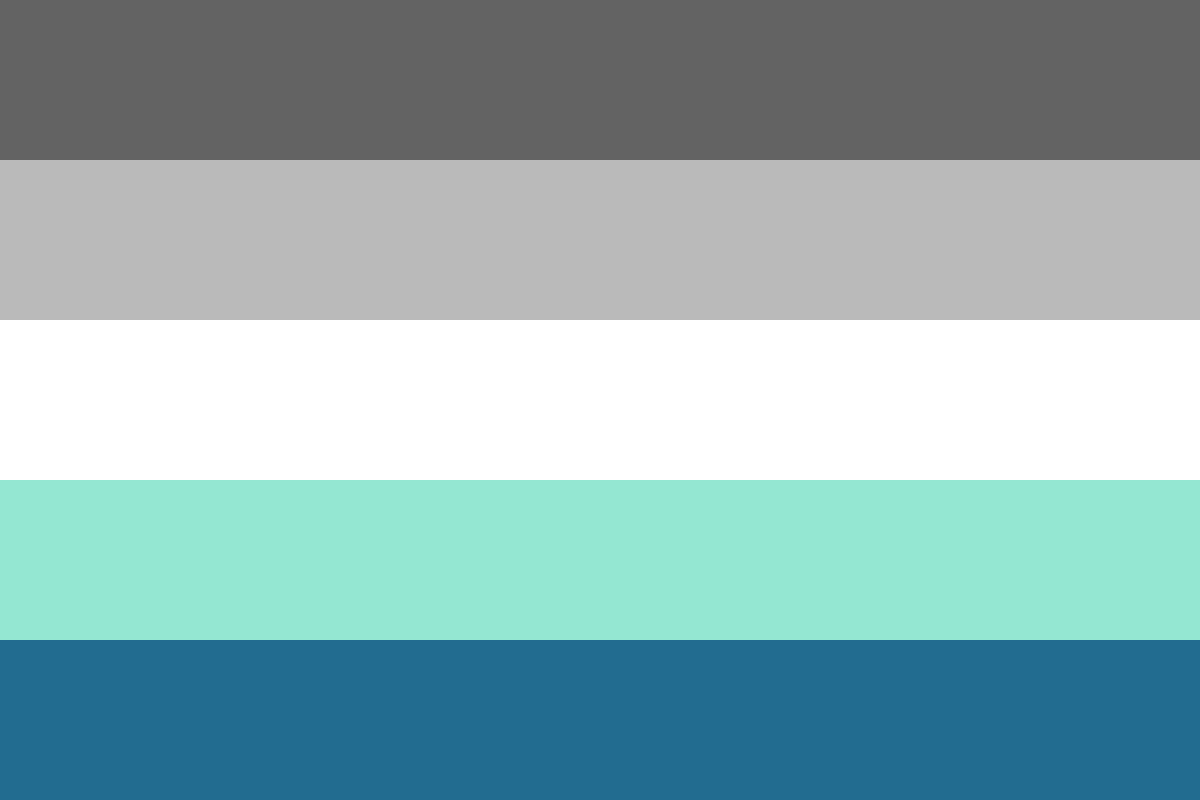 Image: Flag with five equal horizontal stripes: 
                Grey, light grey, white, light teal, dark teal.