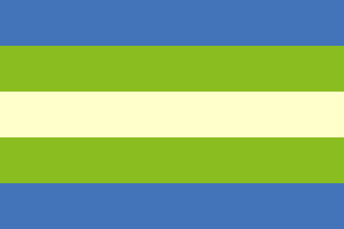 Image: Flag with five equal horizontal stripes: 
                Blue, yellow green, off white, yellow green, blue