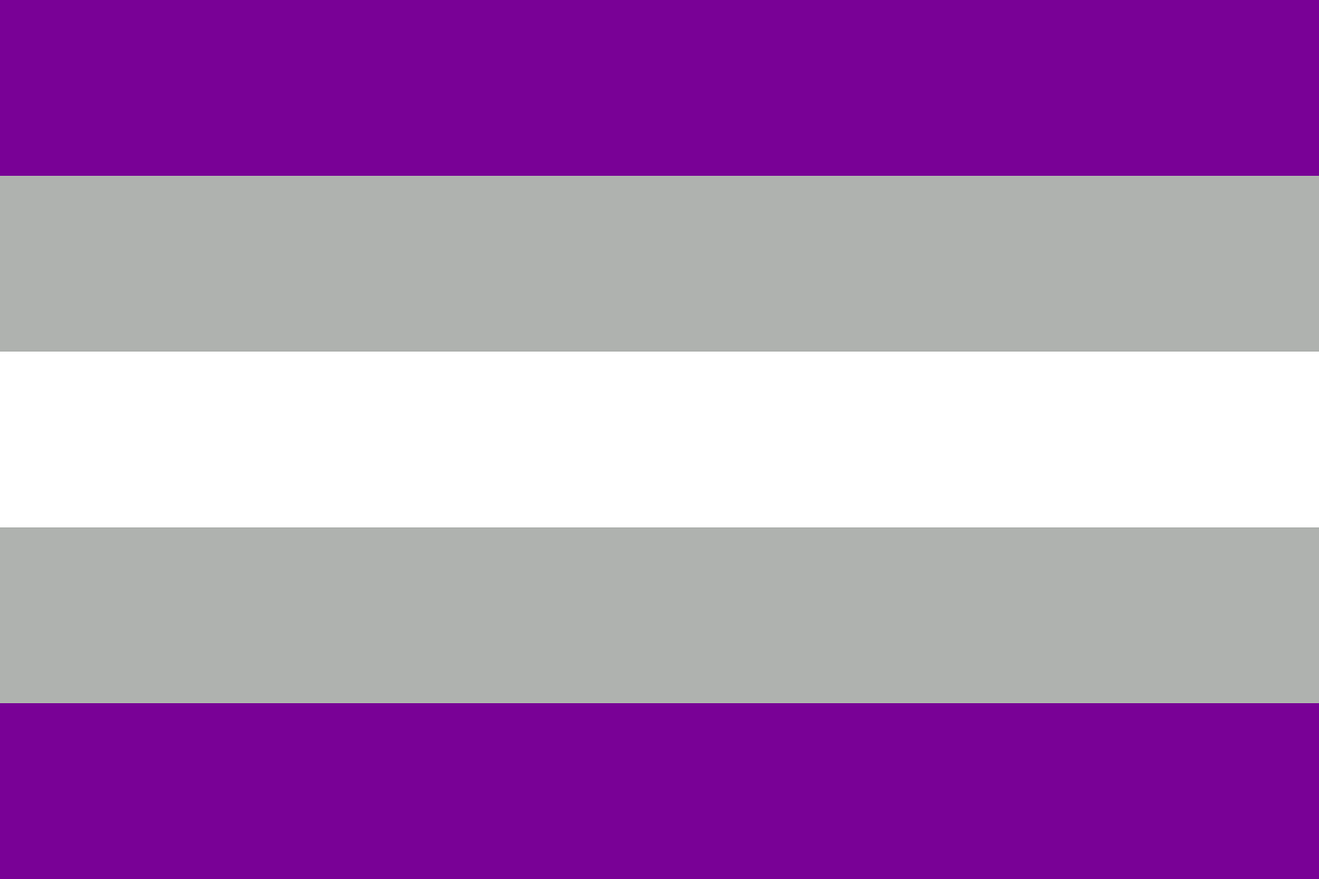 Image: Flag with five equal horizontal stripes: 
                Dark purple, grey, white, grey, dark purple.