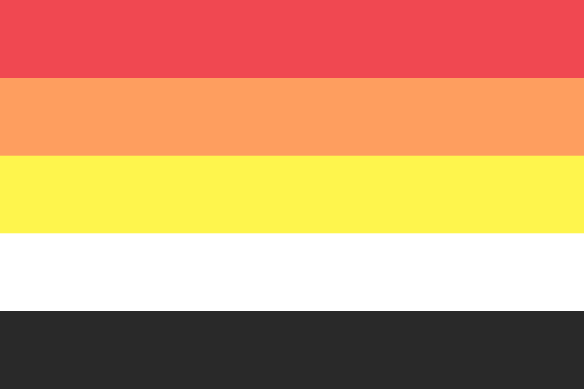 Image: Flag with five equal horizontal stripes: 
                Red, orange, yellow, white, black.