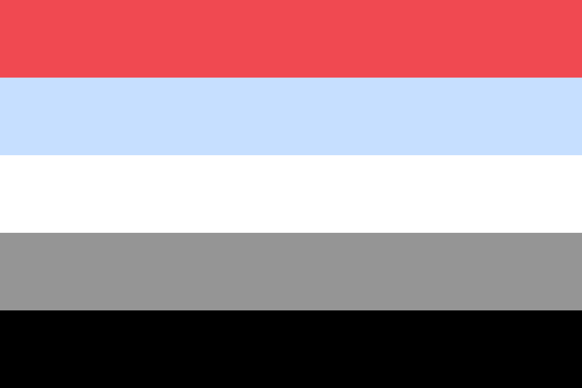 Image: Flag with five equal horizontal stripes: 
                red, light blue, white, grey, black.