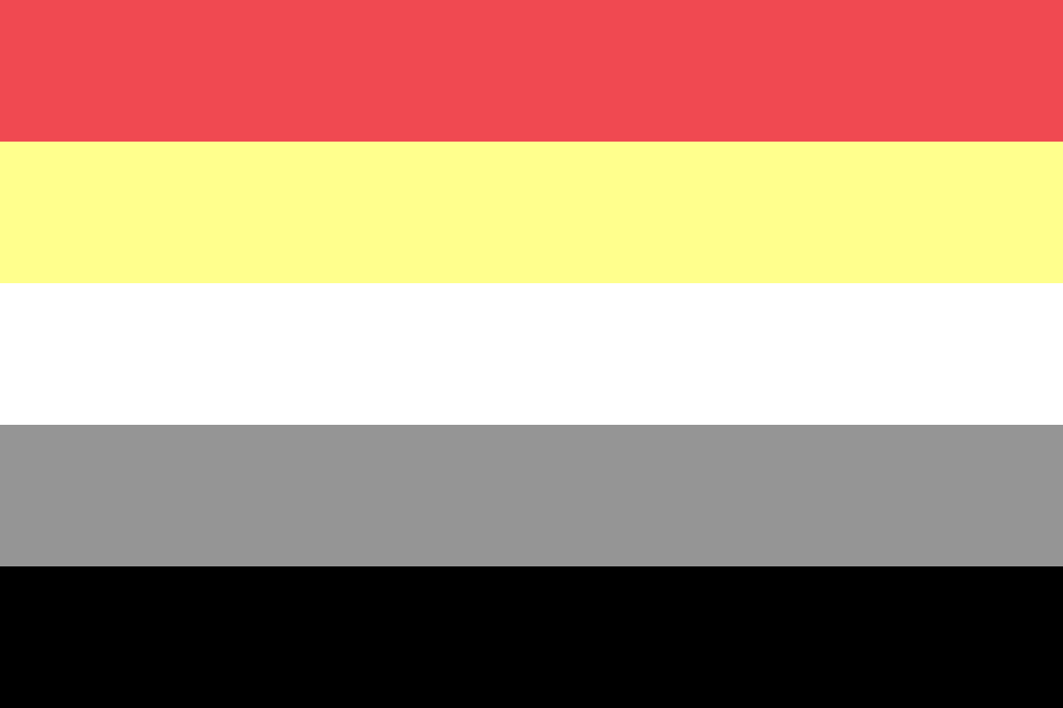 Image: Flag with five equal horizontal stripes: 
                red, light yellow, white, grey, black.
