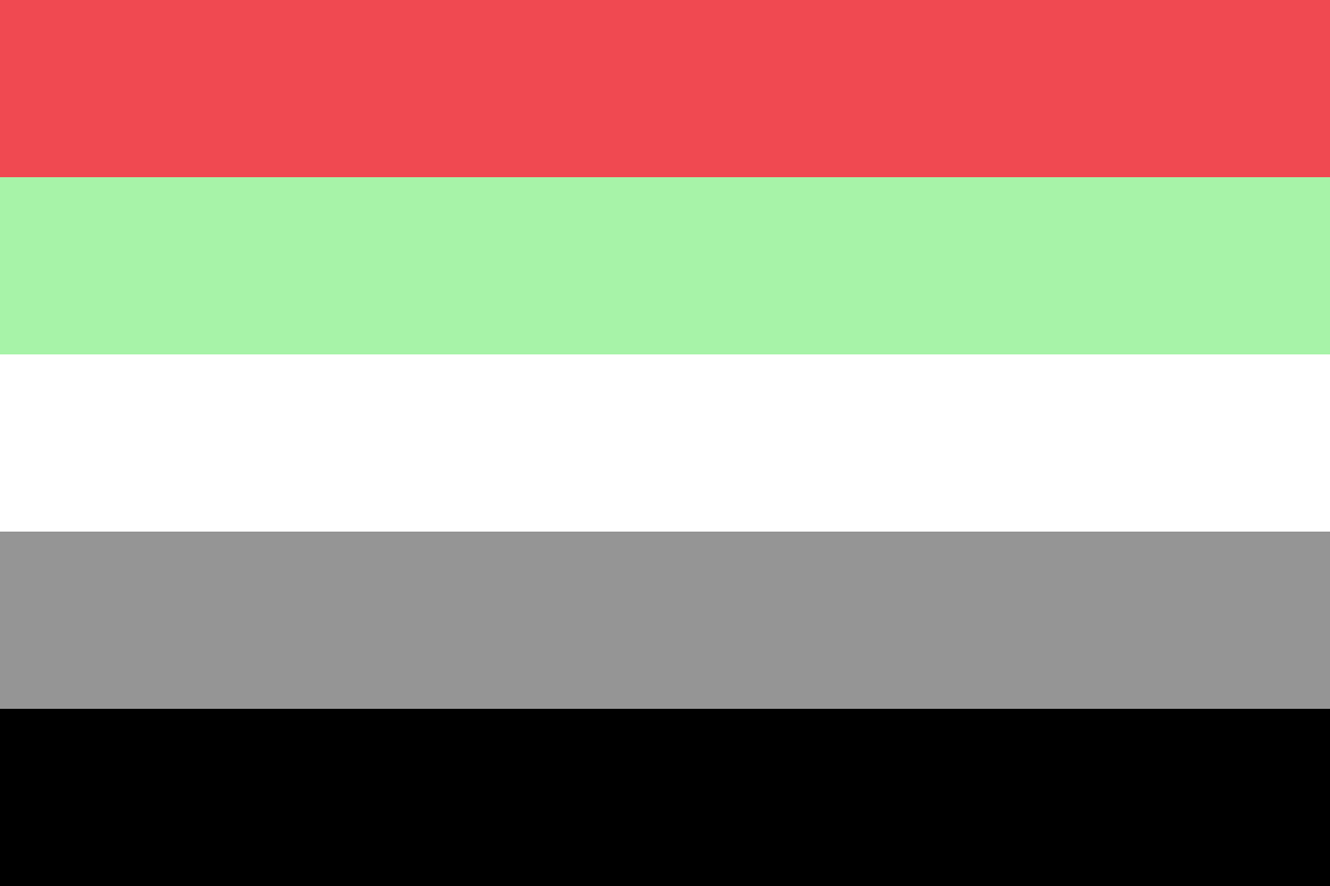 Image: Flag with five equal horizontal stripes: 
                red, light green, white, grey, black.