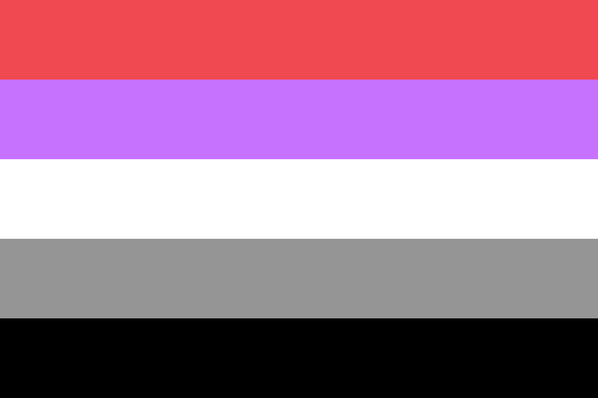 Image: Flag with five equal horizontal stripes: 
                red, light purple, white, grey, black.