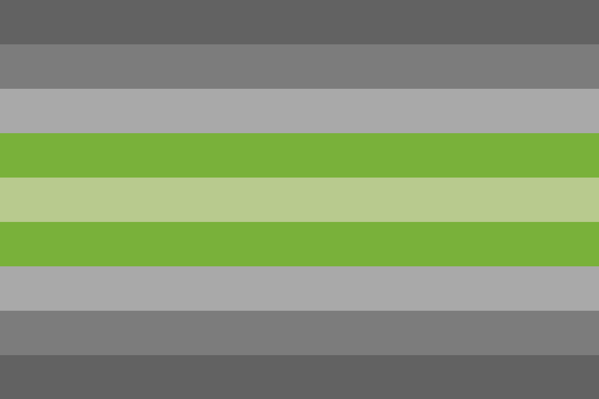 Image: Flag with nine equal horizontal stripes:
                dark gray, light gray, lighter gray, lime green, light green,
                lime green, lighter gray, light gray, dark gray