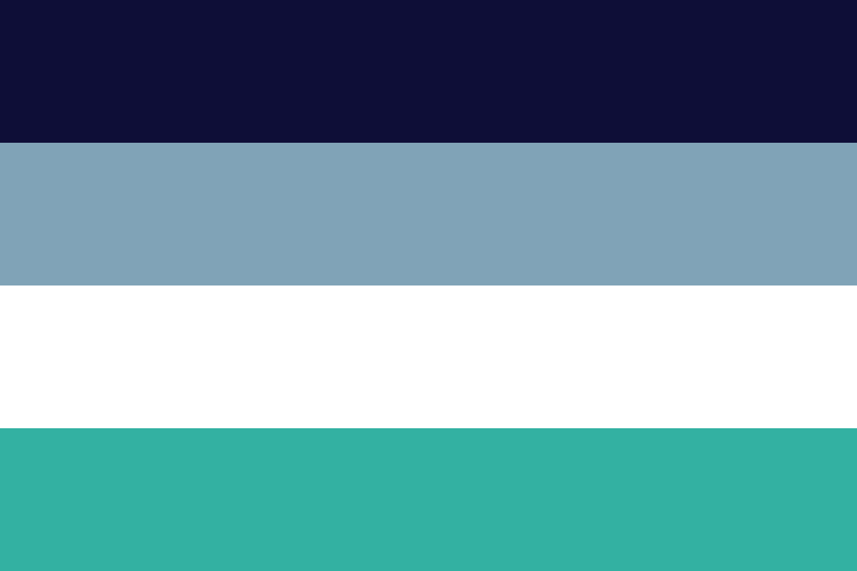Image: Flag with four equal horizontal stripes: 
                Dark blue, blue grey, white, teal.