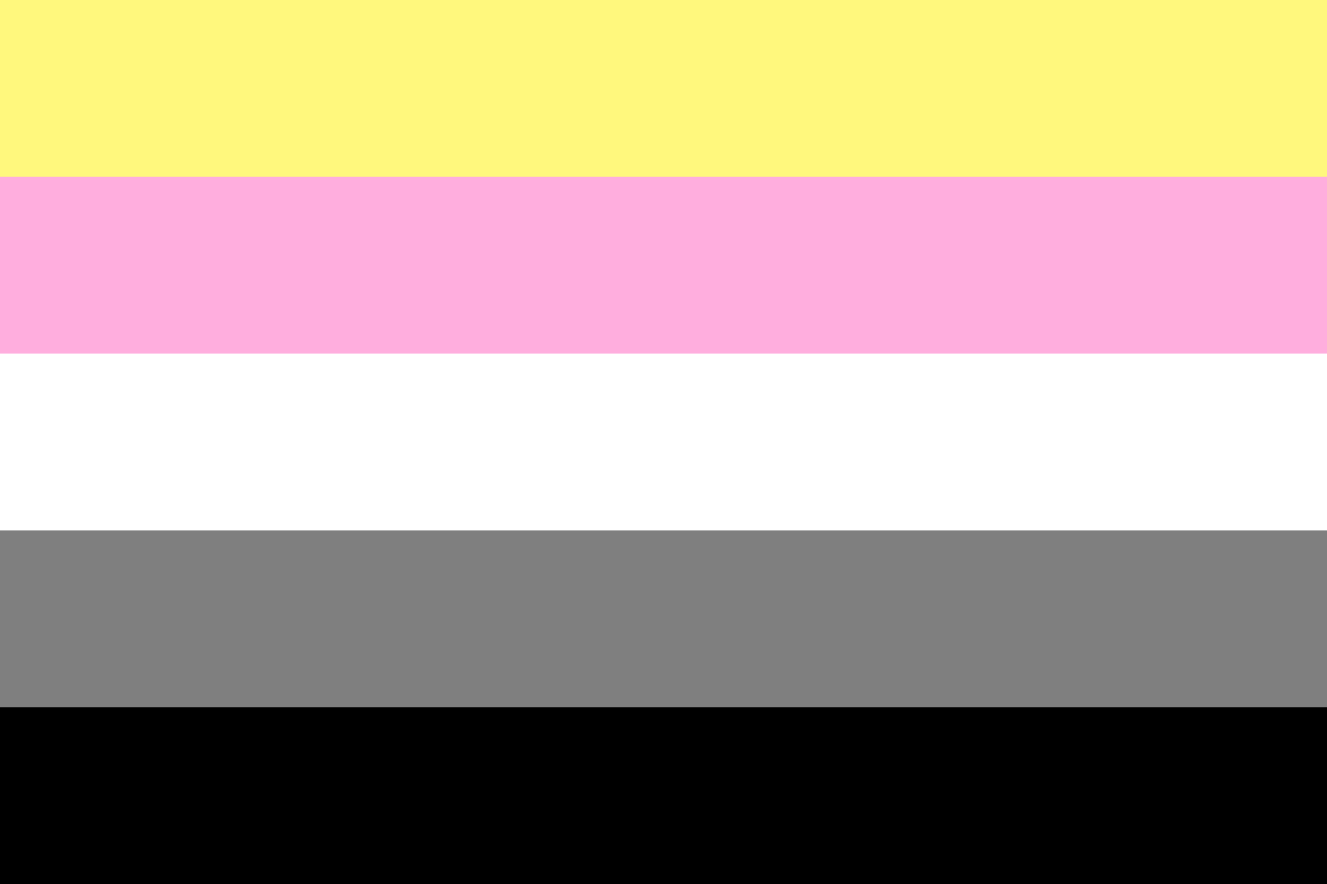 Image: Flag with five equal horizontal stripes: 
                Light yellow, pink, white, grey, black.