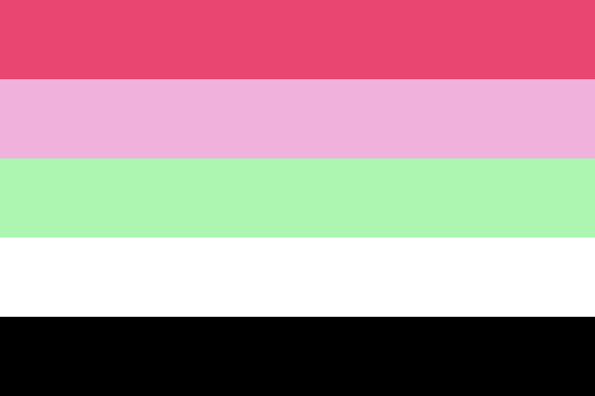 Image: Flag with five equal horizontal stripes: 
                Dark pink, light pink, light green, white, black.